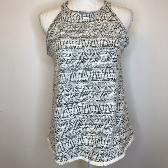 W5 Tops - W5 Sweater Tank High Neck Fringe Gray Aztec Small